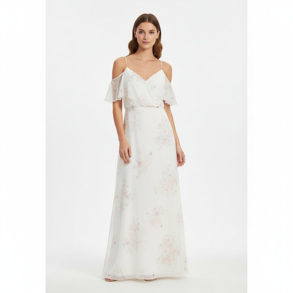 After Six by Dessy White Floral Cold Shoulder‎ Maxi Dress 12 6781LS Bridesmaid